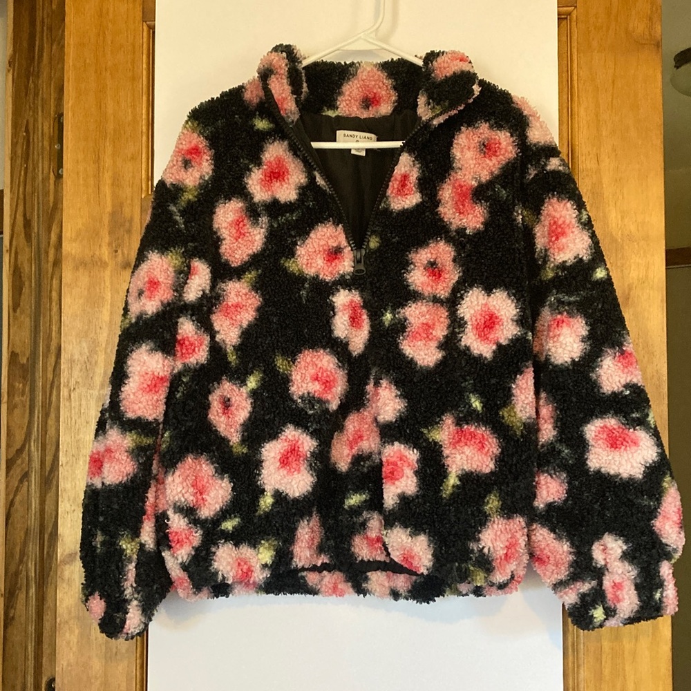 Sandy Liang Target Sherpa 1/4 Zip Jacket Women's Medium Pink Black Floral Fleece